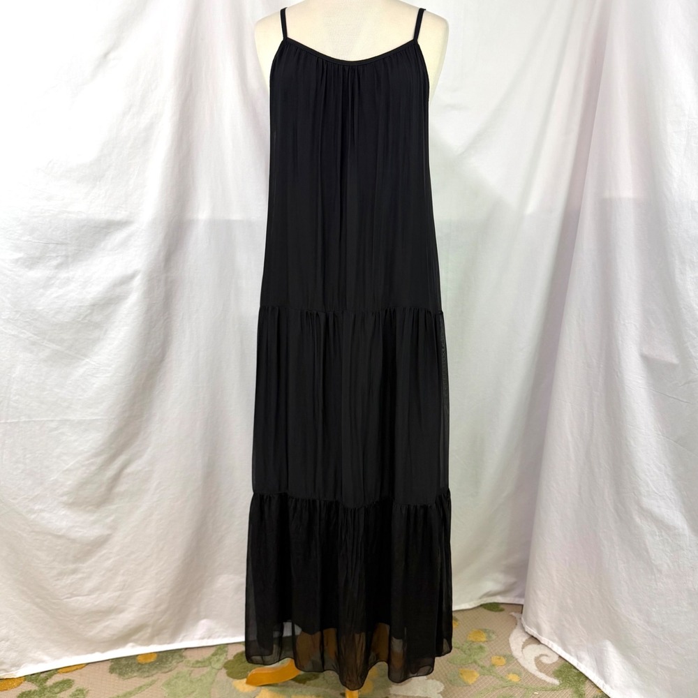 BELLAMBRA Black Silk Tiered Maxi Dress S Made In Italy Sleeveless Lined Boho